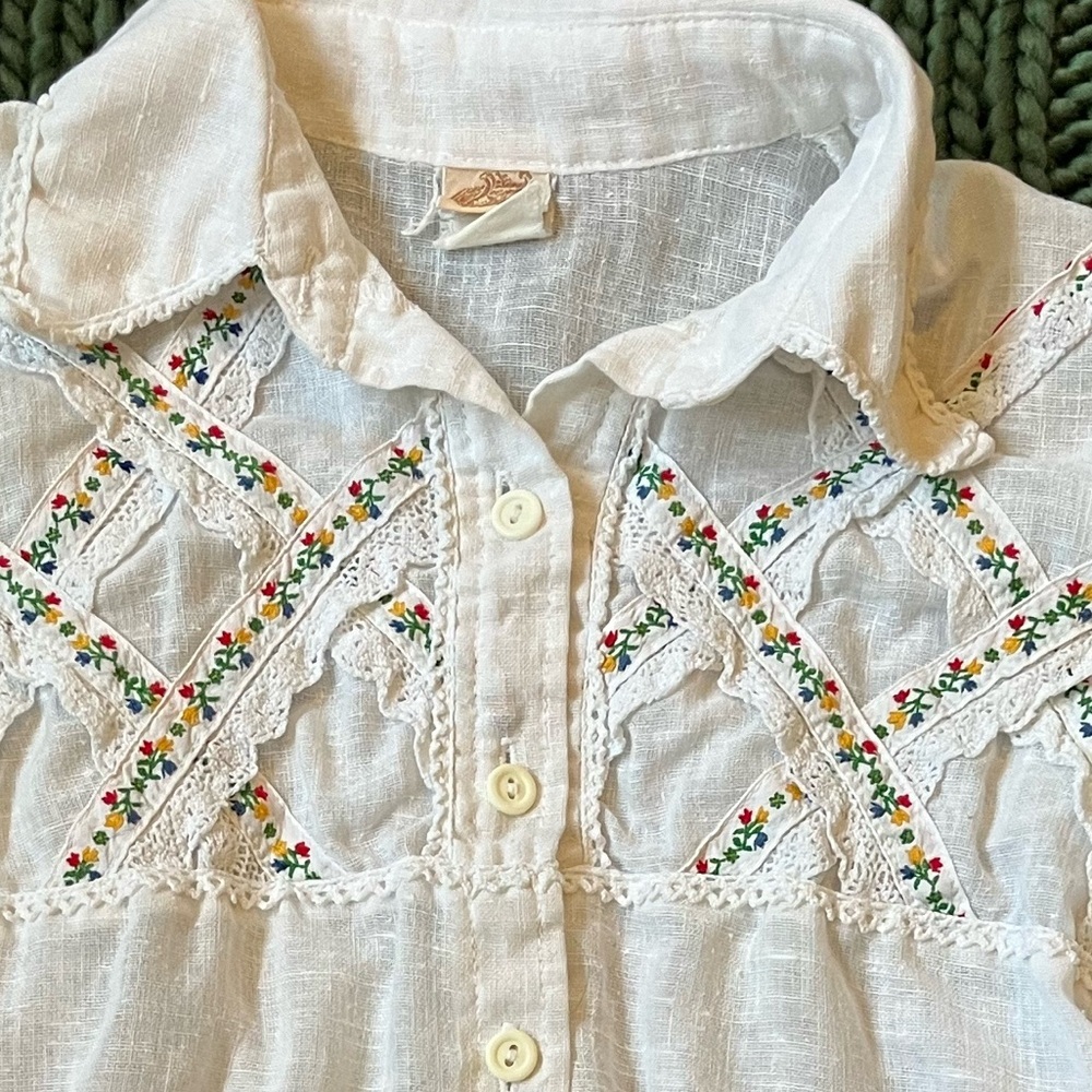 Vintage Cotton / Linen Blouse • Ivory• Floral Embroidered Ribbon Scandi Inspired